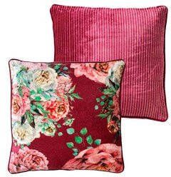 Dutch Decor MINOU Kussenhoes 45x45 cm velvet bloemen red plum roze rood groen streepjes