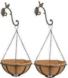 Esschert Design Set van 2x stuks Hanging baskets 30 cm van metaal met ijzeren muurhaken Complete hangmand set Plantenbakken