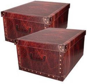 EXCELLENT HOUSEWARE Pakket van 2x stuks opbergbox opbergdoos van stevig karton in de kleur roodbruin leer motief in formaat 51 x 37 x 24 cm met deksel en handgrepen Opbergbox