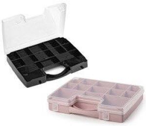 Forte Plastics 2x opberg vakjesdoos Sorteerboxen 13-vaks kunststof 27 x 20 x 3 cm zwart en oud roze Opbergbox
