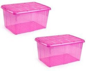 Forte Plastics 2x Opslagbakken organizers met deksel 60 liter 63 x 46 x 32 transparant roze Organizers opbergbakken Opbergbox