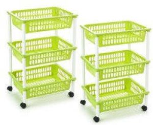 Forte Plastics 2x stuks opberg organiser trolleys roltafels met 3 manden 62 cm in het groen Etagewagentje karretje met opbergkratten Opberg trolley