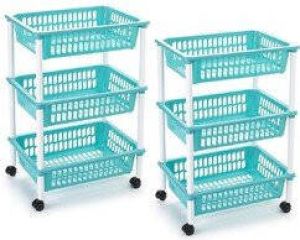 Forte Plastics 2x stuks opberg organiser trolleys roltafels met 3 manden 62 cm in het turquoise blauw Etagewagentje karretje met opbergkratten Opberg trolley