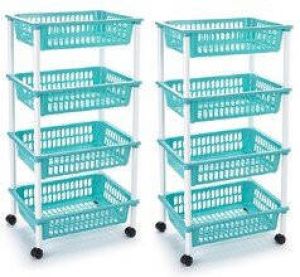 Forte Plastics 2x stuks opberger organiser trolley roltafel met 4 manden 85 cm turquoise blauw Etagewagentje karretje met opbergkratten Opberg trolley