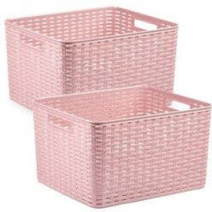 Forte Plastics 2x stuks rotan gevlochten opbergmand opbergbox kunststof Oud roze 34 x 40 x 23 cm Kast mandjes Opbergbox