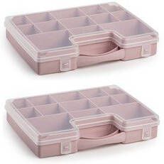 Forte Plastics 3x stuks opbergkoffertje opbergdoos sorteerboxen 13-vaks kunststof oud roze 27 x 20 x 3 cm Sorteerdoos kleine spulletjes Opbergbox