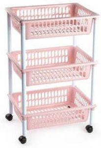 Forte Plastics Opberg organiser trolleys roltafels met 3 manden 62 cm in het oud roze Etagewagentje karretje met opbergkratten Opberg trolley