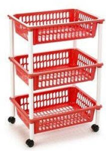 Forte Plastics Opberg trolley roltafel organizer met 3 manden 40 x 30 x 61 5 cm wit rood- Etagewagentje karretje met opbergkratten Opberg trolley