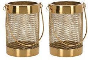 H&S Collection Set van 2x stuks metalen theelichthouder lantaarn goud 12 cm Waxinelichtjeshouder Windlicht Lantaarns
