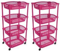 Hega Hogar 2x stuks keuken opberg trolleys roltafels met 4 manden 86 x 41 cm fuchsia roze- Etagewagentje met opbergkratten Opberg trolley