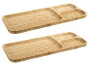 Items Set van 2x stuks bamboe houten 3-vaks serveerplank serveerbord 39 x 16 x 2 cm Serveerbladen dienbladen serveerbord met vakjes Dienbladen