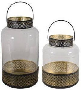 Lesli Living Set van 2x lantaarns windlichten zwart goud Arabische stijl 28 en 37 cm Gebruik buiten tuin woonkamer Thema Oosters Arabisch Lantaarns
