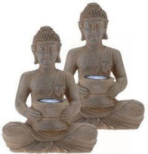 Merkloos 2x stuks solar lamp boeddha bruin grijs 28 cm Boeddha tuin huiskamer beelden Tuinbeelden