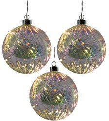 Merkloos 3x stuks verlichte glazen kerstballen met 10 lampjes transparant parelmoer 12 cm Decoratie kerstballen met licht kerstverlichting figuur