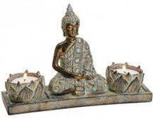 Merkloos Boeddha beeld bruin met 2 theelichthouder 20 cm Beeldjes