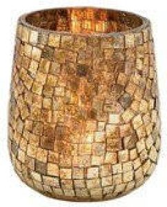 Merkloos Glazen design windlicht kaarsenhouder in de kleur mozaiek champagne goud met formaat 11 x 10 cm. Voor waxinelichtjes Waxinelichtjeshouders