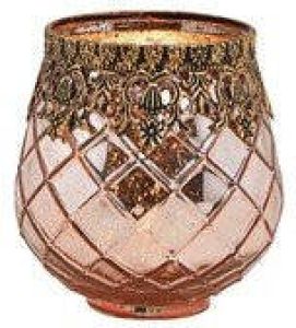 Merkloos Glazen design windlicht kaarsenhouder in de kleur rose goud met formaat 13 x 14 x 13 cm Voor waxinelichtjes Waxinelichtjeshouders