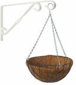 Merkloos Hanging basket 35 cm met klassieke muurhaak wit en kokos inlegvel metaal complete hangmand set Plantenbakken