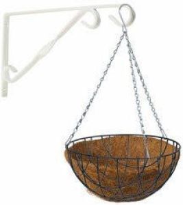 Merkloos Hanging basket groen met klassieke muurhaak wit en kokos inlegvel metaaldraad complete hanging basket set Plantenbakken