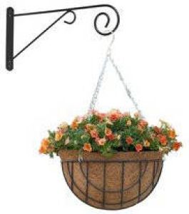 Merkloos Hanging basket groen met sierkrul muurhaak grijs en kokos inlegvel metaaldraad complete hanging basket set Plantenbakken