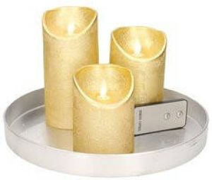 Merkloos Ronde kaarsenplateau zilver van kunststof D27 cm met 3 gouden LED-kaarsen 10 12 5 15 cm Tafeldecoratie Kaarsenplateaus
