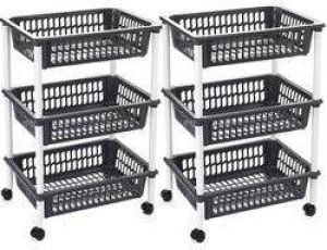 Merkloos Set van 2x stuks zwarte opberg trolleys roltafels met 3 manden 62 cm Etagewagentje karretje met opbergkratten Opbergmanden