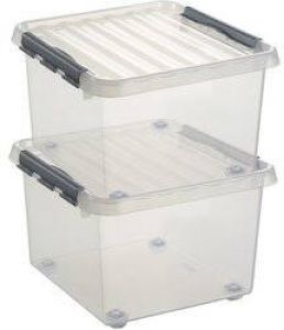 Sunware 2x Q-Line opberg boxen opbergdozen met wieltjes 26 liter 40 x 40 x 28 cm kunststof Vierkante opslagbox Opbergbak kunststof transparant zilver Opbergbox