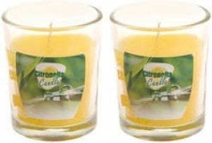 Trend Candles Set van 2x stuks citronella anti muggen kaarsen in kaarsenhouder transparant glas 5 x 6 cm geurkaarsen