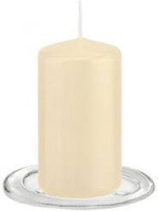 Trend Candles Stompkaarsen met glazen onderzetters set van 2x stuks creme wit 6 x 12 cm Stompkaarsen