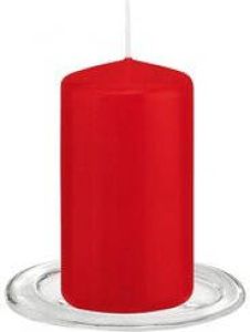 Trend Candles Stompkaarsen met glazen onderzetters set van 2x stuks rood 6 x 12 cm Stompkaarsen