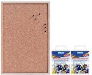 Zeller Prikbord van kurk 60 x 40 cm met 80 gekleurde punaises Kantoor benodigdheden Memoborden Prikborden