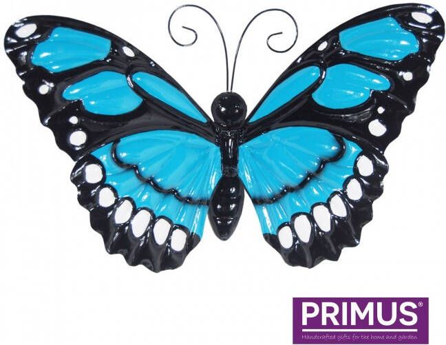 Primus Grote metalen vlinder blauw met klappende vleugels