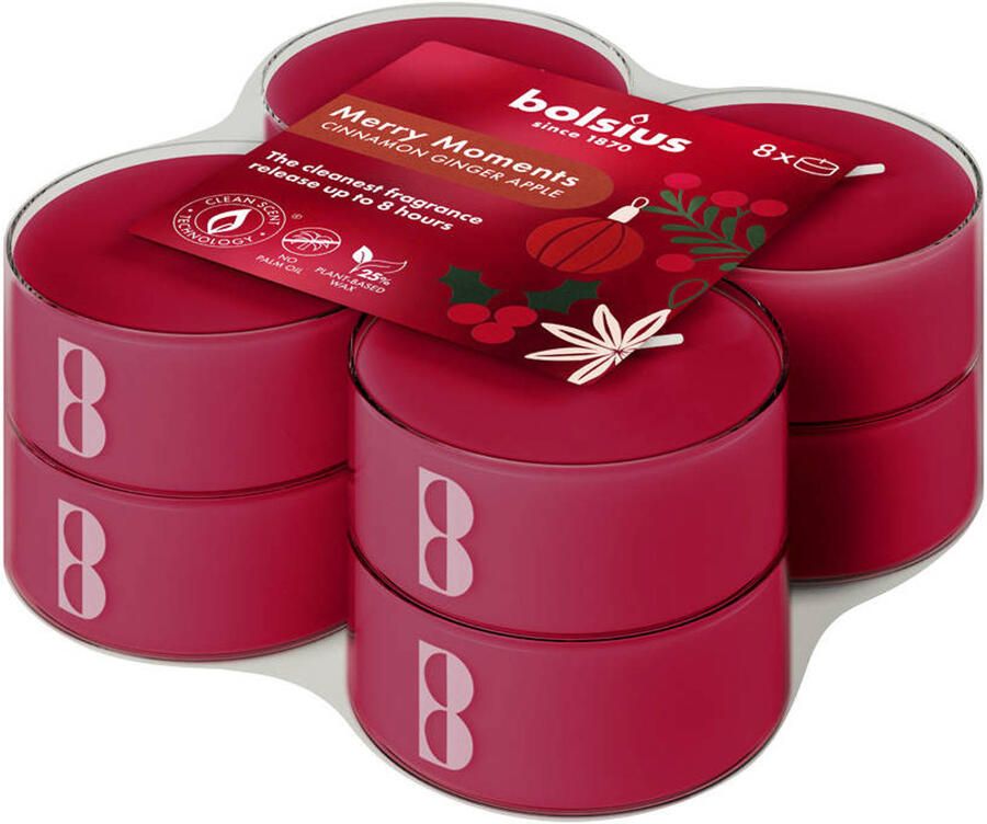Bolsius kerst waxinelichtjes Merry Moments (8 branduren) (set van 8)
