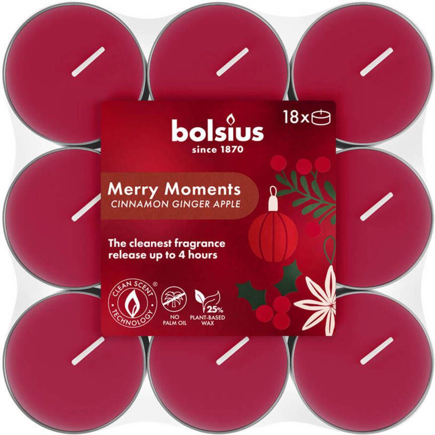Bolsius kerst waxinelichtjes Merry Moments (4 branduren) (set van 18)