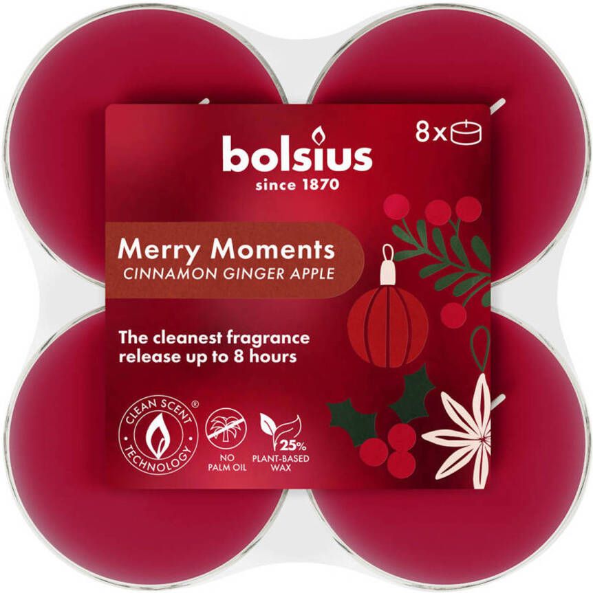 Bolsius kerst waxinelichtjes Merry Moments (8 branduren) (set van 8)