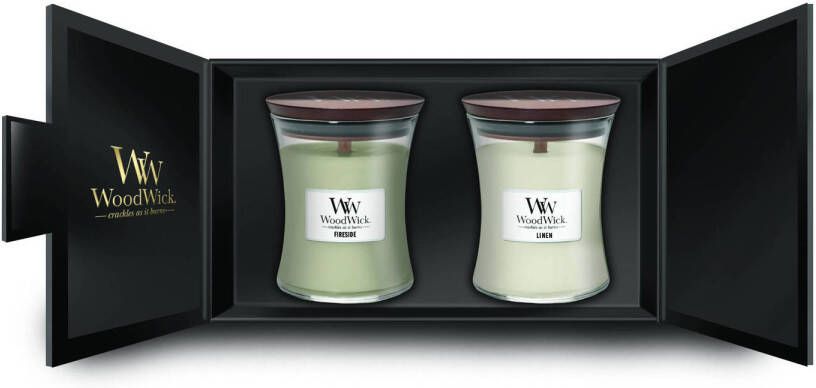 Woodwick Giftset Geurkaars Medium Fireside & Linen 2 Stuks