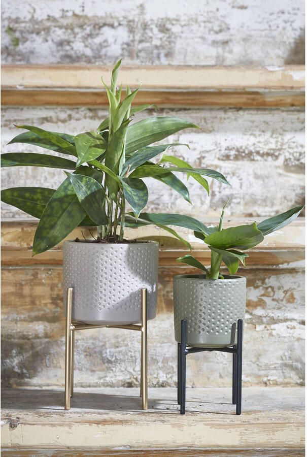 Mica Decorations Bloempot in kleur relief taupe keramiek voor kamerplant H21.5 x D23 cm- plantenpotten binnen Plantenpotten