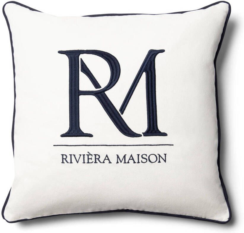 Rivièra Maison Riviera Maison Kussenhoes wit met blauw tekst 50x50 RM Monogram