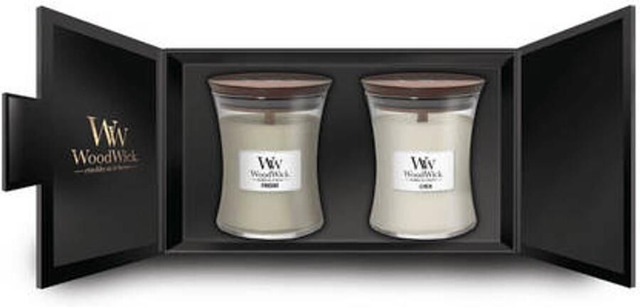 WoodWick Giftset Geurkaars Medium Fireside & Linen 2 Stuks Geurkaars in Glas Houten Lont