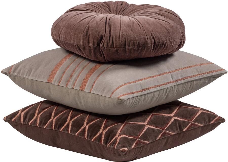 WOOOD AZIZ sierkussen velvet BRUIN NATUREL (set van 3) (45x45x10 cm)