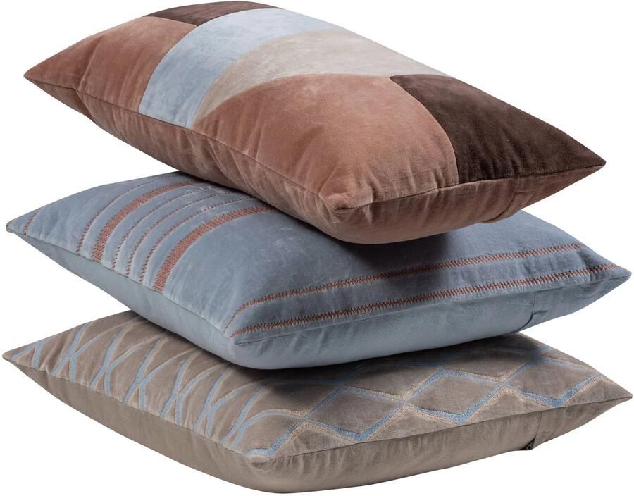 WOOOD LAON sierkussen velvet NATUREL BLAUW (set van 3) (45x45x10 cm)