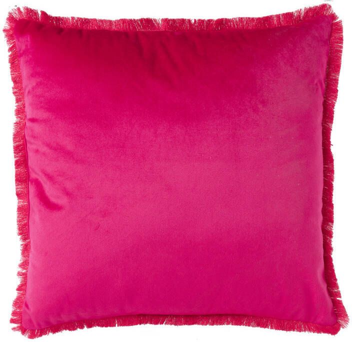 Xenos Kussen velvet met franjes fuchsia 45x45 cm