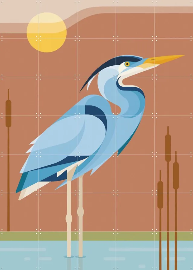IXXI Blauwe Reiger, Elke Uijtewaal - 100 x 140 cm - Grote wanddecoratie en posters - Kleurrijk, Grafisch Ontwerp, Geometrische Kunst, Illustraties Bruin / Blauw