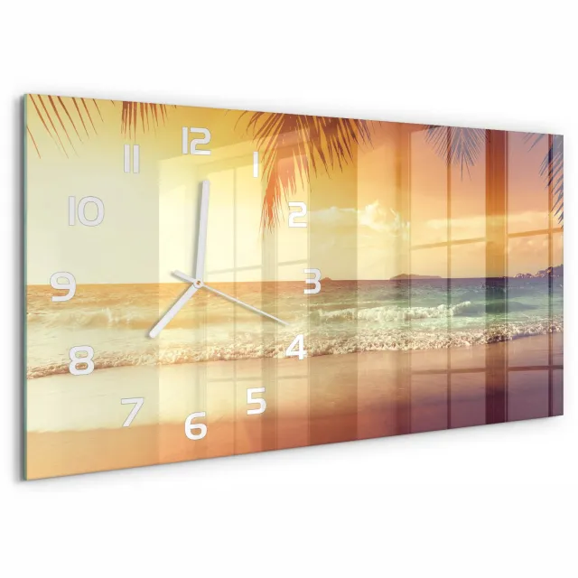 TULUP Wandklok - Tropisch strand Gekleurde Glazen Klok - 60x30 cm - Oranje Glazen Klok Met Print - Witte handen - Rechthoekige Klok - Moderne Wandklok Glas - Wandklok Glas Decoratie
