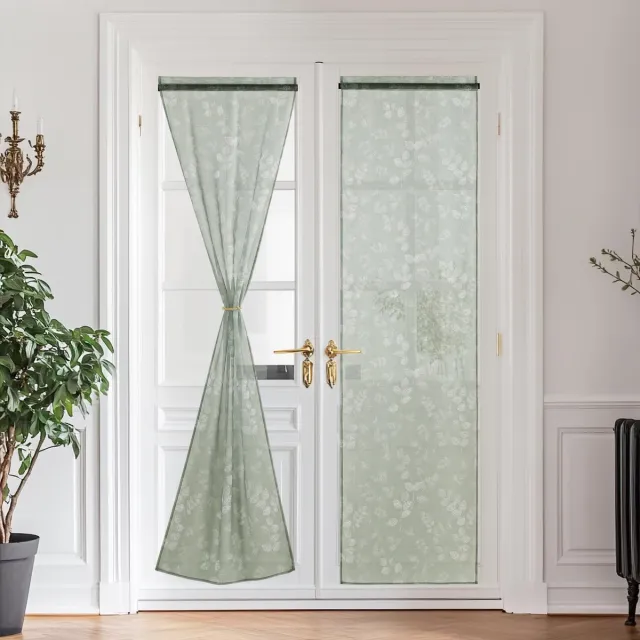 Ibenzoa Vitrage gordijnen met linnenlook en wit bladpatroon, 60 x 240 cm, saliegroen grijs groen
