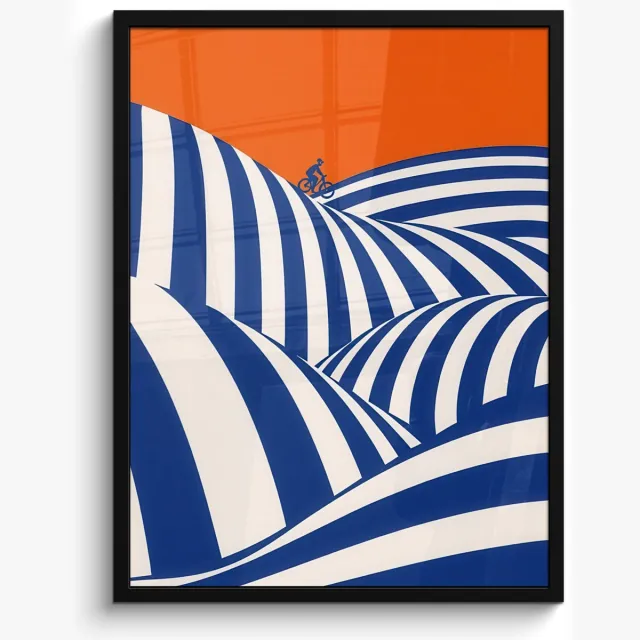 FrameYourWall Poster in lijst - Fotolijst 50x70 cm - Posters - Fietser - Heuvels - Strepen - Blauw - Posterlijst zwart - Decoratie - Wanddecoratie woonkamer - Muurdecoratie slaapkamer