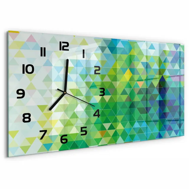 TULUP Wandklok - Driehoeken van abstractie Wandklok Glas Decoratie - 60x30 cm - Groente Gekleurde Glazen Klok - Zwarte handen - Rechthoekige Klok - Klok Glas Met Opdruk - Moderne Wandklok Glas
