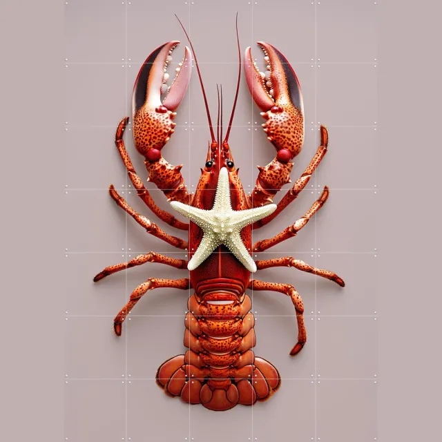 IXXI Red Lobster with Starfish - Pastel Pink, OTTI - 100 x 140 cm - Grote wanddecoratie en posters - Kleurrijk, Modern, Strandhuis, Keuken, Eetkamer Roze / Rood