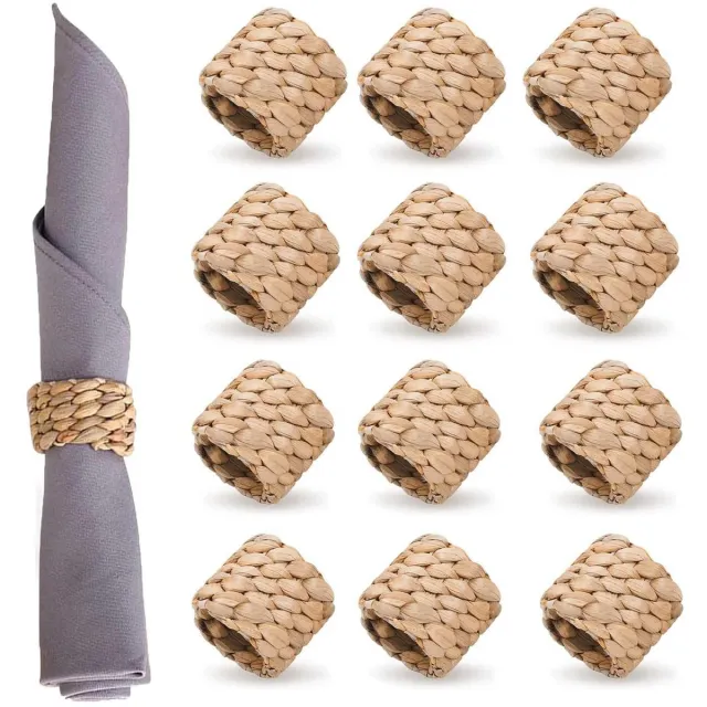 Famanu Set van 12 rustieke servetringen, handgemaakt van waterhyacintgras, bruin, 5 x 5 x 5 cm, voor eetkamer en speciale gelegenheden