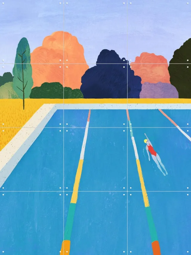 IXXI Summer at the Pool, Henry Rivers - 60 x 80 cm - Grote wanddecoratie en posters - Speels, Kleurrijk, Illustraties, Grafisch Ontwerp, Digitale Oranje / Blauw / Groen